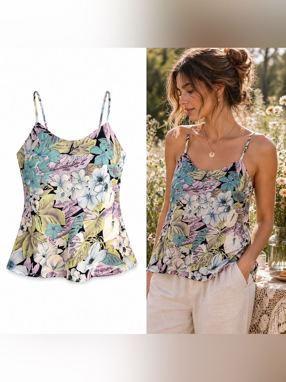 Jonathan Martin Floral Camisole Top Pastel Cottagecore Tank Adjustable Straps